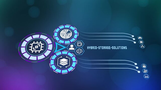 Innovative hybrid storage solutions concept featuring data layer icons and cloud connectivity symbols on a futuristic blue digital background.
