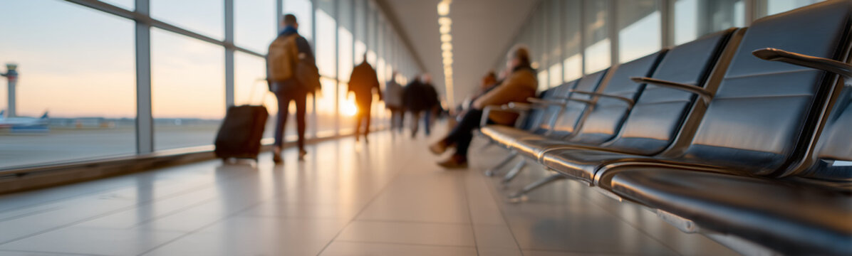 Airport Transit: Passengers walk and wait in an airport, ready to embark on their journeys, capturing the essence of global travel and anticipation.