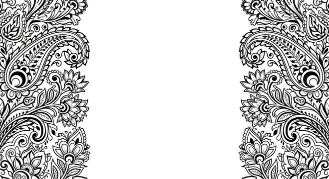 Elegant Black and White Paisley Pattern Border Illustration.