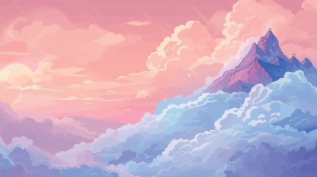 Surreal mountain made of clouds with a small cabin sitting on the peak, dreamy sky landscape concept, floating cloud formation scenery with ethereal atmosphere, fantasy nature environment, soft light,