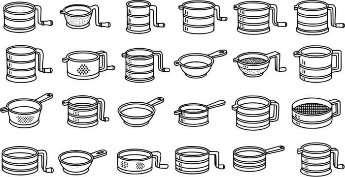 Black and White Outline Line Art Icons Set of Flour Sifters and Baking Kitchen Utensils for Food Preparation and Cooking Industry.
