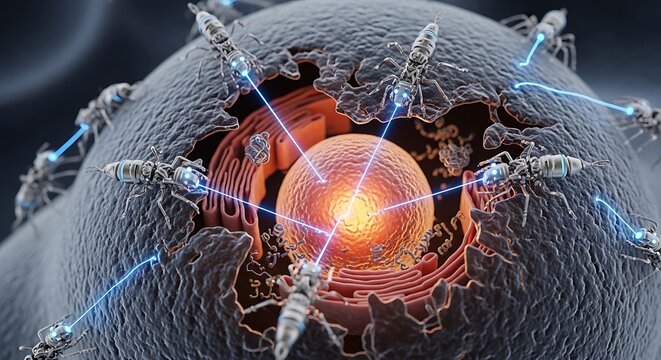 Virus attacking a cell nucleus microscopically.
