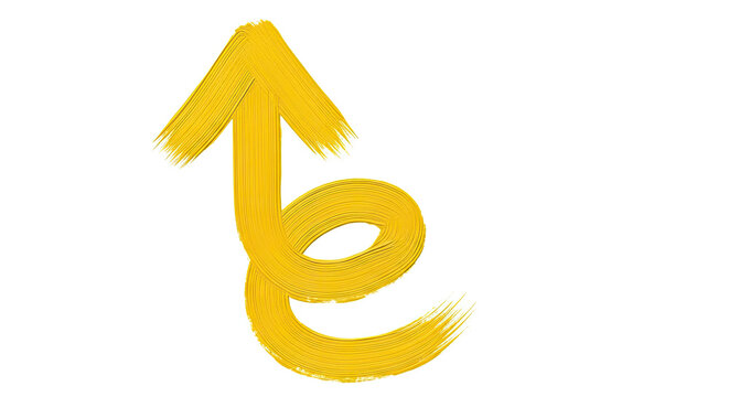 Yellow brush stroke arrow curving upwards and swirling into a spiral shape on a white background