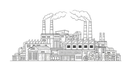 Fototapeta premium Sketch of an Industrial Manufacturing Plant Factory with Smoke Stacks.