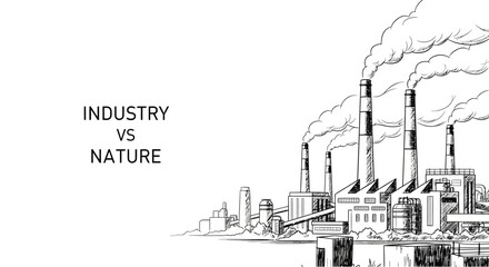 Obraz premium Sketch of an industrial factory complex with smokestacks emitting pollution.