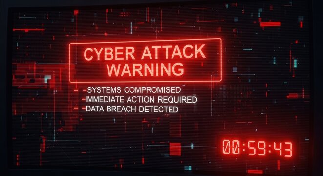 Red neon sign warning of a cyber attack on a glitching digital screen