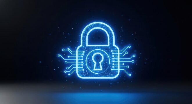 Digital padlock icon with circuit board elements, cybersecurity concept