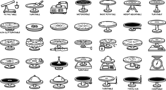 Diverse Collection of Pottery Turntables and Wheels in Black and White Line Art Style
