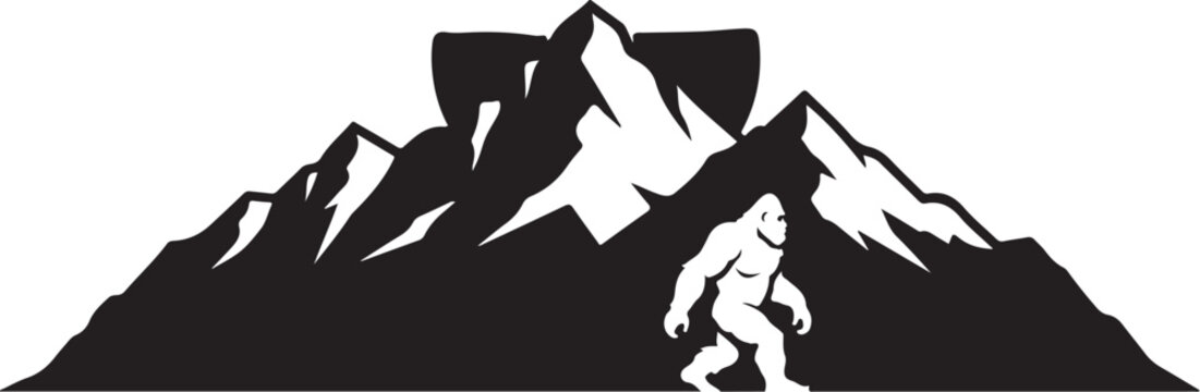 Bigfoot, mountain, silhouette, vector icon, black, white, mythical creature, outdoors