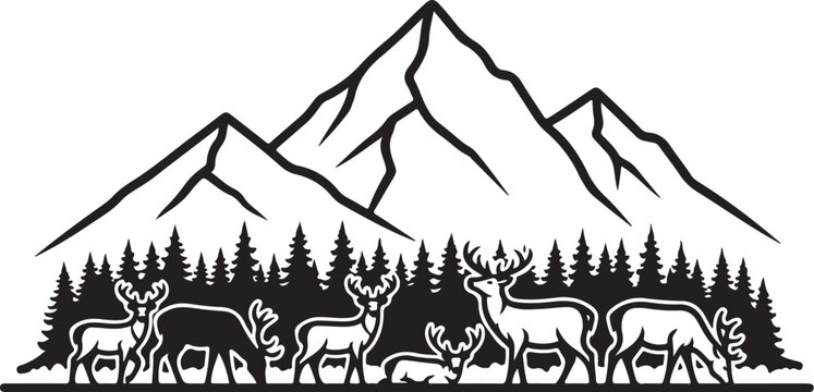 Wildlife mountain landscape, deer and forest vector, black silhouette icons, nature scene