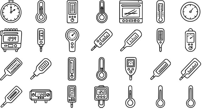 Temperature Measurement Thermometer Icons Set. Medical, Science, Food  Industrial Digital, Analog Gauges, Oven and Clock Devices in Black White Line Art.