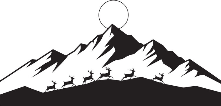 Black mountain landscape, deer silhouette, snowy peaks, lunar scenery, vector graphic