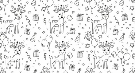 Obraz premium Seamless pattern with hand drawn deer in party hats.