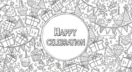 Hand drawn doodle background with Happy Celebration text frame. © Basma_Isyraq