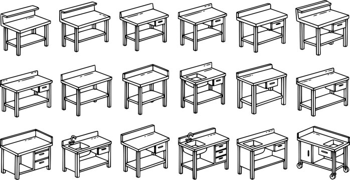 Commercial Kitchen Stainless Steel Work Tables, Preparation Sinks, and Carts Line Art Set. Food Service Equipment Black and White Outline Illustrations.
