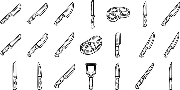 Culinary Kitchen and Butcher Knives with Meat Steaks Set. Hand-Drawn Black and White Line Art Collection for Food and Cooking Industry