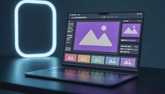 Modern laptop displaying a photo editing software interface with image thumbnails and a prominent mountain landscape image, set against a dark