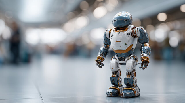 Robot Sentinel: An advanced robot stands vigil in a modern, industrial setting, its design blending sleek aesthetics with cutting-edge technology.