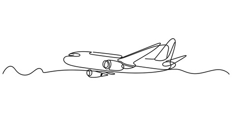 Continuous single line drawing of an airplane flying in the sky representing travel and aviation transportation concepts in a simple minimalist style © Jagonnath