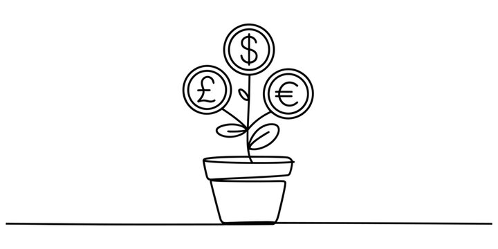 Continuous line drawing of a small plant growing money coins with dollar pound and euro currency symbols in a simple flower pot for business growth