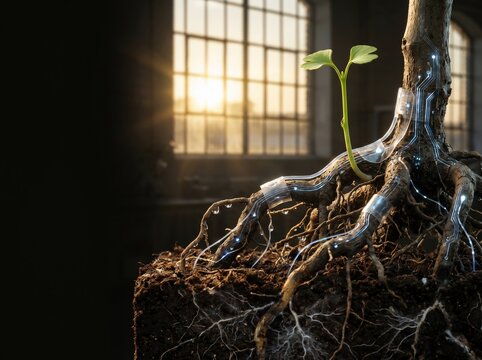 Digital transformation of nature symbolizing growth and technological innovation merging organic with artificial intelligence for future sustainable development and eco-friendly solutions.