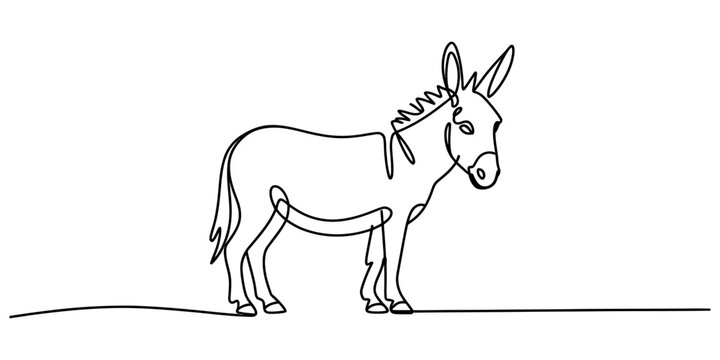 Continuous single line drawing of a donkey standing in a simple minimalist style for creative animal design projects and farm themed art graphics