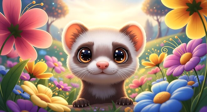 Adorable young mustelid peers through vibrant springtime blossoms in a sunny meadow setting