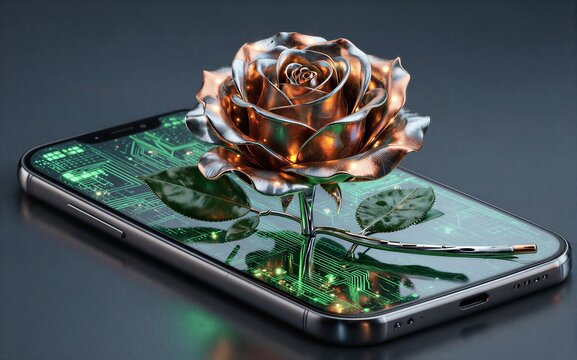A metallic rose blooms on a glowing circuit phone screen.