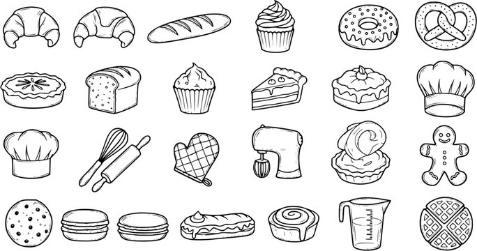 Black and White Line Art Baking and Pastry Icons Collection. Hand-drawn Doodle Food, Desserts, and Kitchen Tools Vector Set for Bakery Industry.
