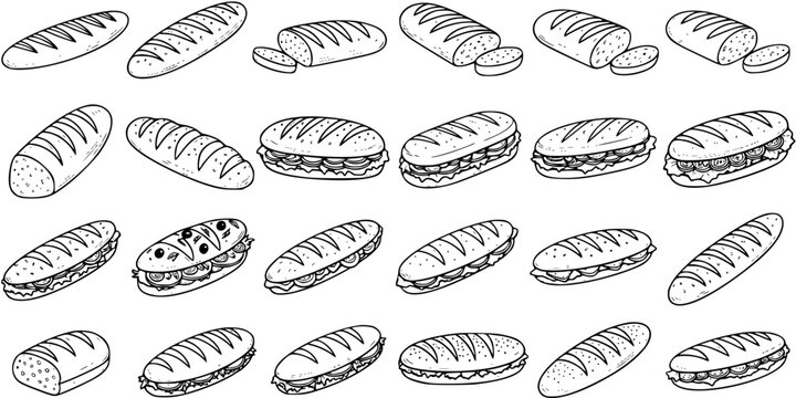 Food  Bakery Black and White Line Art Pattern: Hand Drawn Loaves of Bread, Baguettes, and Submarine Sandwiches for Deli Menus  Snack Bar Illustrations