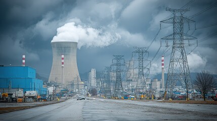 Obraz premium Industrial Power Plant Site with Emitting Cooling Tower, High-Voltage Transmission Pylons, Wet Road and Overcast Sky, Energy Generation Infrastructure