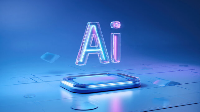 High tech futuristic illustration, On the surface made of blue matte plastic there is a button with a translucent text "Ai" hovering above