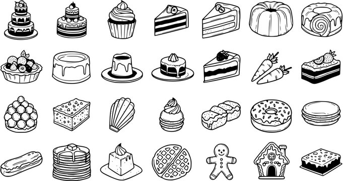 Black and White Line Art Food Icons: Hand-drawn Collection of Delicious Desserts, Bakery Cakes, Pastries, and Sweet Treats for Confectionery