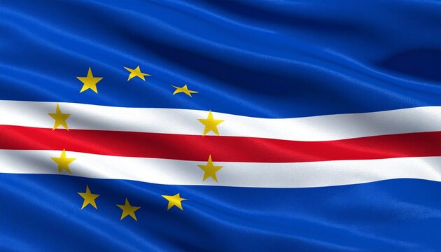 "Cape Verde&rsquo;s blue-white-red flag with golden stars, symbolizing ocean, peace, determination, unity, and national identity in radiant abstract artistic composition."