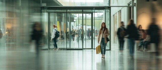 Fototapeta premium Modern university building interior with students walking and entering through glass doors, spacious environment with natural light, contemporary design elements, and study areas
