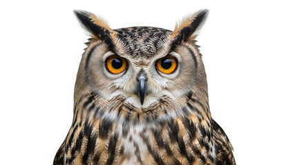 Obraz premium Close-up portrait of a great horned owl with intense orange eyes, bird of prey