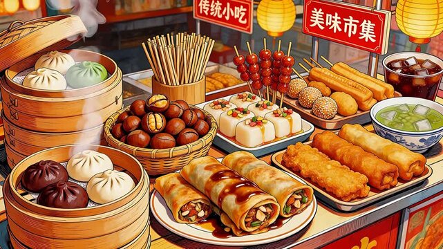 Street food stall with various dishes