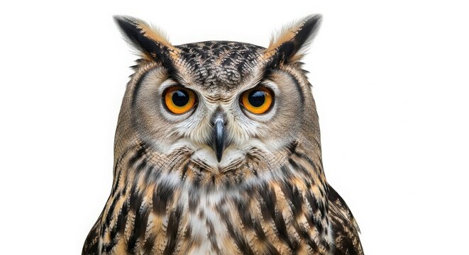 Close-up portrait of a great horned owl with intense orange eyes, bird of prey