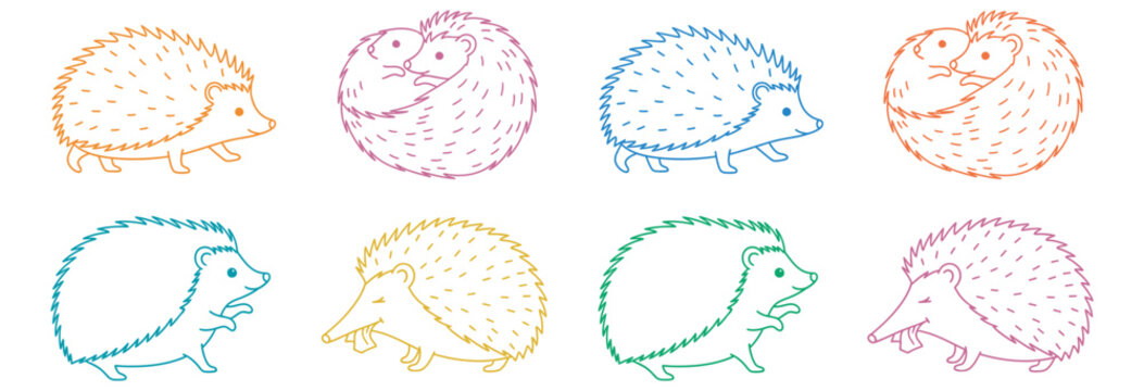 A collection of adorable and cute line art illustrations featuring hedgehogs in various poses and vibrant colors, perfect for adding charm and whimsy to any design project.