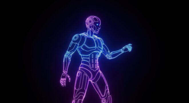 Futuristic humanoid figure made of glowing neon lights cybernetic man digital