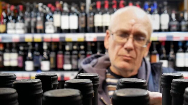 An elderly man choosing a bottle of wine in a supermarket