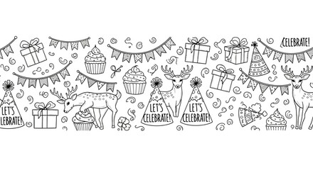 Seamless hand drawn festive pattern with reindeer and party decorations. © Aagil_Umais