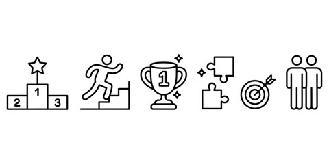 Fototapeta premium Business success and career growth icons set featuring winners podium trophy climbing stairs puzzle target and teamwork symbols in a clean line art style Vector, illustration