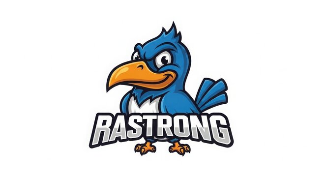 Cartoon blue bird mascot with rastrong text character illustration stylized