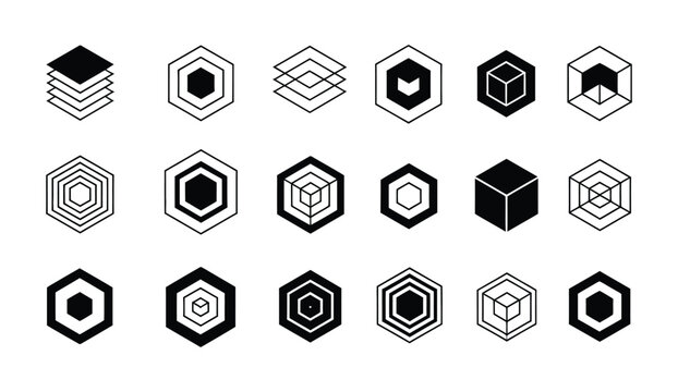 Isometric cube vector set in black and white geometric style for architecture, design, and structural symbol illustration