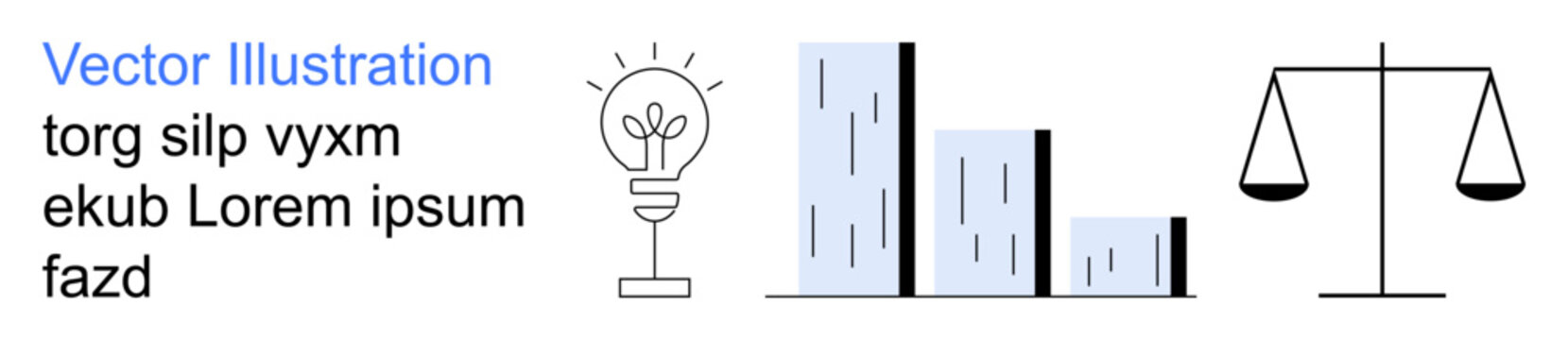 Business growth, innovation, justice, equality, analytics, creativity. Minimalist graphic with a lightbulb, bar charts and scales. Business growth and innovation concept