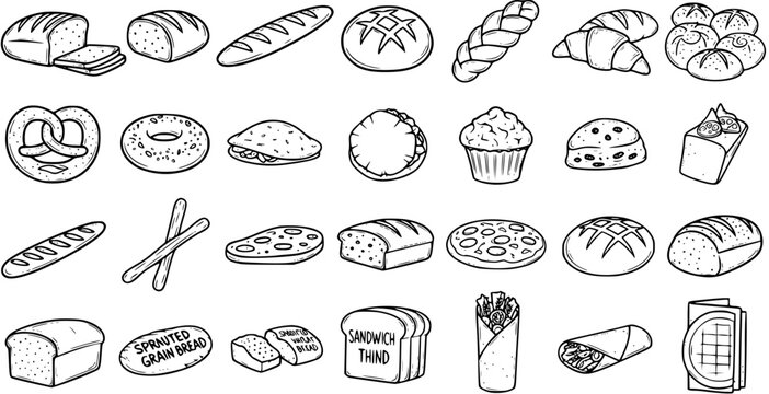 Black and White Line Art of Assorted Baked Goods and Breads for Food Industry