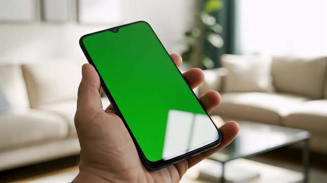 Human hand presenting a sleek mobile phone with a vibrant green chroma key screen, perfect for digital mockups or creative content display in a cozy domestic environment