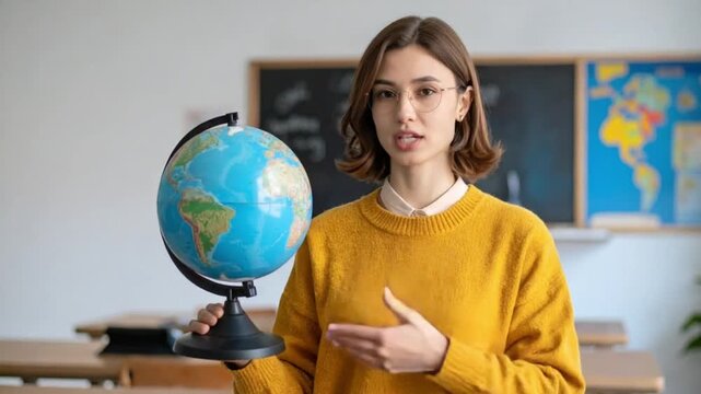 Young female teacher explaining geography with a globe in classroom