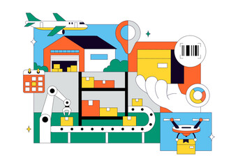 Naklejka premium Logistics Vector Illustration Featuring Global Shipping Delivery Supply Chain Warehouse Cargo Transport Across Air Sea And Land Freight Design